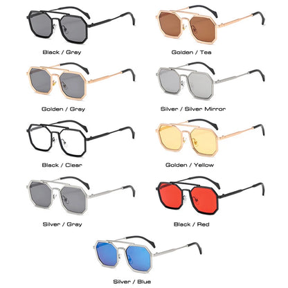 SHAUNA Rétro Double Ponts Polygone Carré Femmes Lunettes De Soleil Mode Cadre En Métal Miroir Nuances UV400 Hommes Punk Lunettes De Soleil