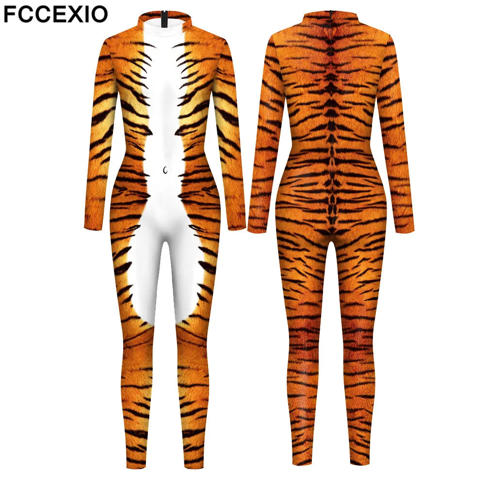 FCCEXIO Tier Tiger Streifen Druck Urlaub Party Nahtlose Erwachsene Kostüme Sexy Overall Tragen Cosplay Bodywear Catsuit Bodysuit