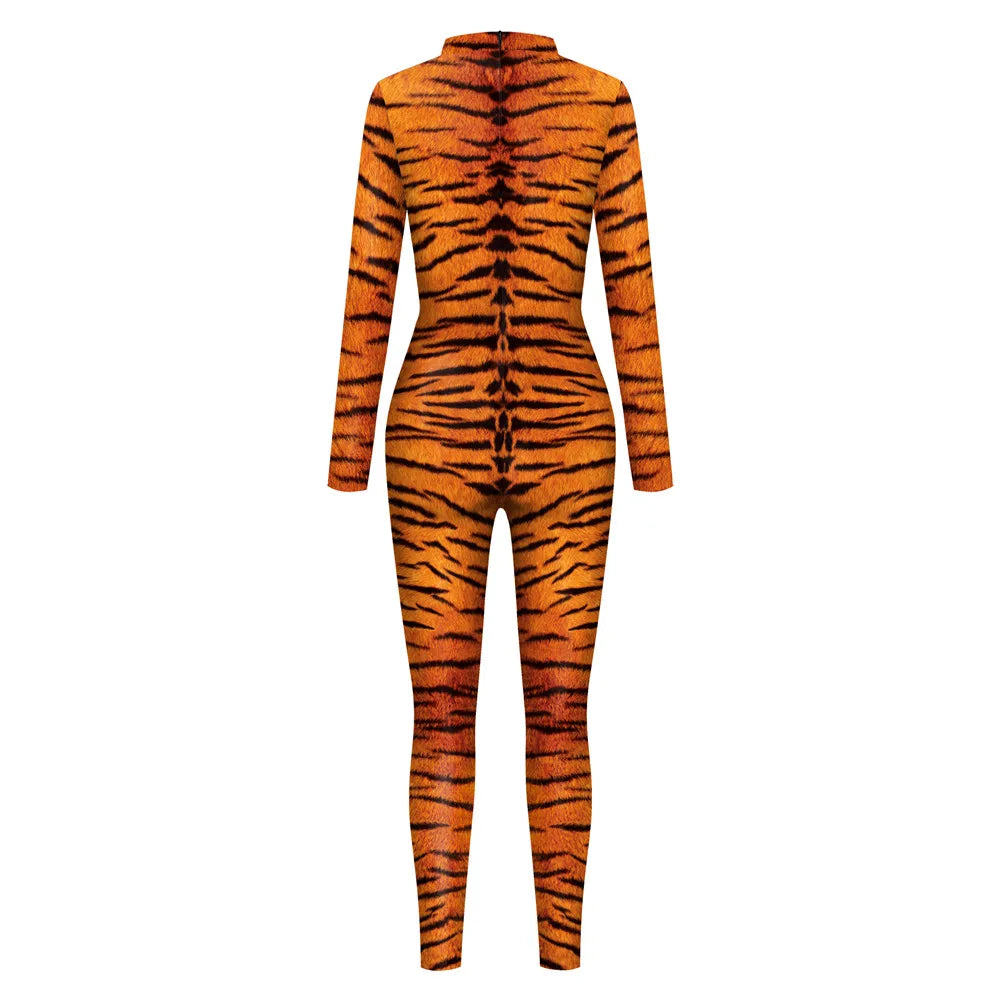 FCCEXIO Tier Tiger Streifen Druck Urlaub Party Nahtlose Erwachsene Kostüme Sexy Overall Tragen Cosplay Bodywear Catsuit Bodysuit