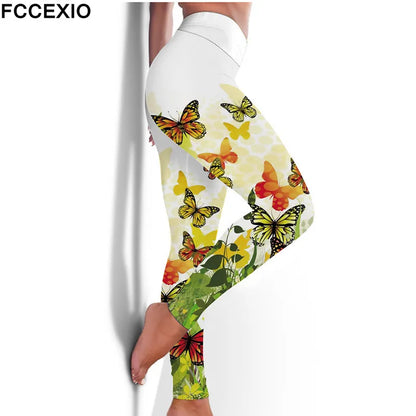 FCCEXIO Leggings élastiques de fitness taille haute 6 couleurs Le papillon imprimé 3D Leggings sexy Pantalon de sport d'entraînement décontracté