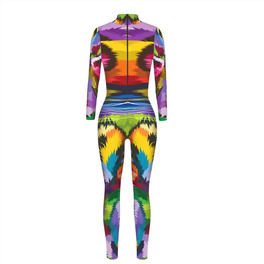 FCCEXIO Colorful 3D Tiger Print Jumpsuit  Long Sleeve Sexy Women Skinny Jumpsuit Party Series Cosplay Elastic Bodysuits