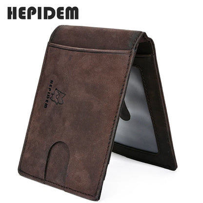 HEPIDEM RFID High Quality Crazy Horse Genuine Leather Slim Wallet 2020 New Front Pocket Money Dollar Bill Purse for Men 181