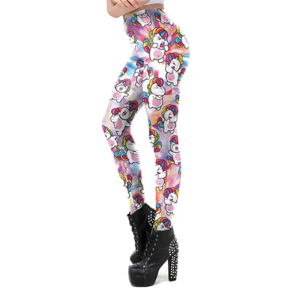 FCCEXIO 2024 New Leggings Fashion Cute Unicorn Print Legings Women Elastic Fitness Leggins Mid Waist Trouser Skinny Sexy Pant