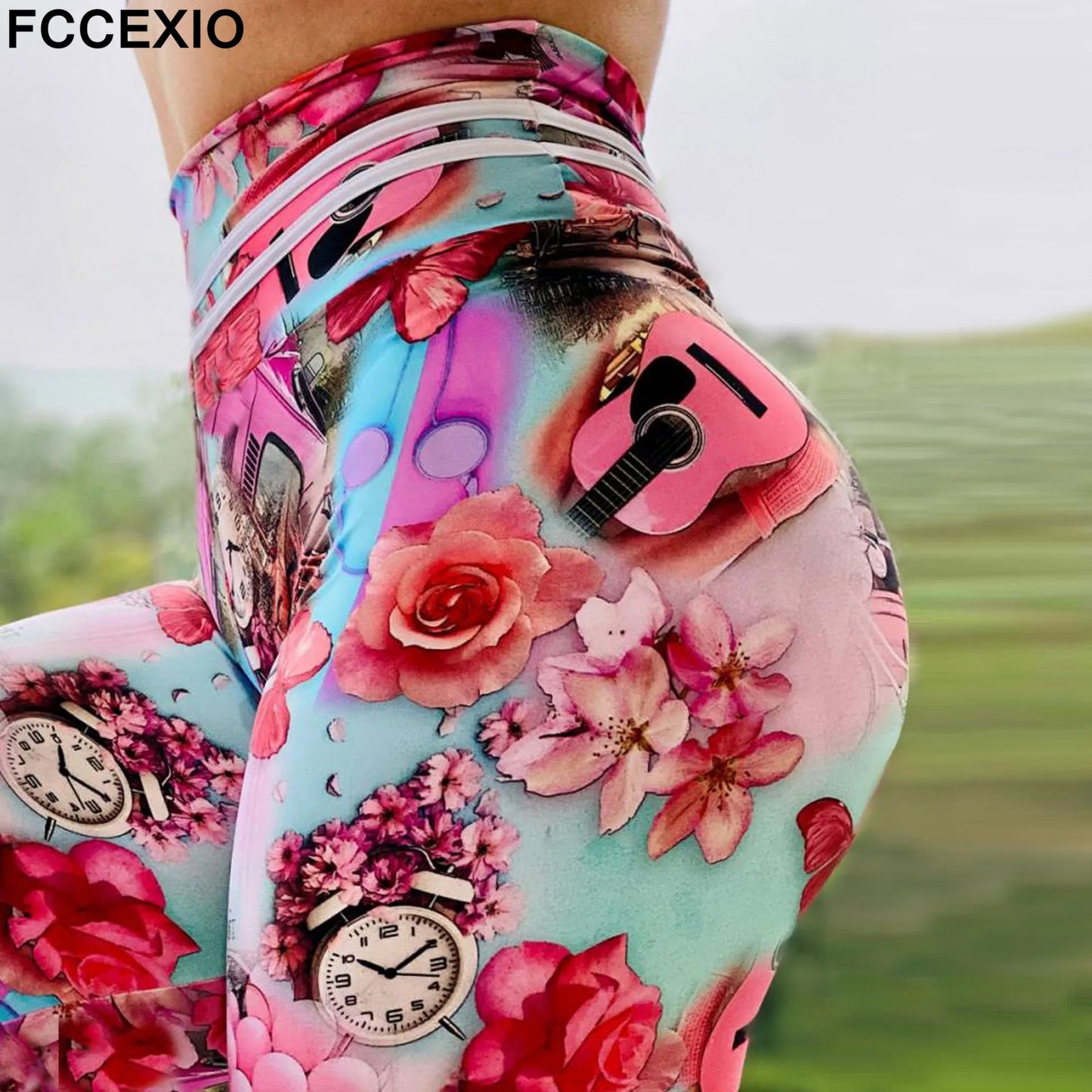 FCCEXIO Leggings pour femmes imprimés 3D rose guitare horloge serré Fitness Legins taille haute pantalons longs mode sexy sport Leggins