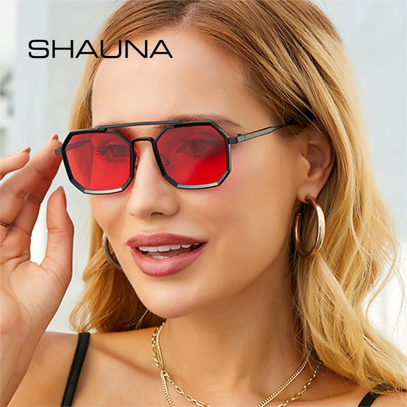 SHAUNA Rétro Double Ponts Polygone Carré Femmes Lunettes De Soleil Mode Cadre En Métal Miroir Nuances UV400 Hommes Punk Lunettes De Soleil