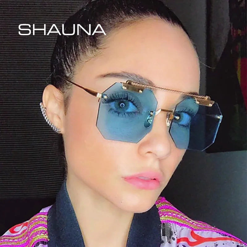 SHAUNA Oversize Women Square Rimless Sunglasses Fashion Men Clear Red Blue Pink Sun Glasses UV400