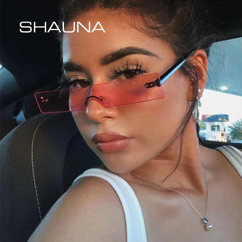 SHAUNA Ins Popular Small Rectangle Sunglasses Women Fashion Clear Red Rimless Shades Men UV400