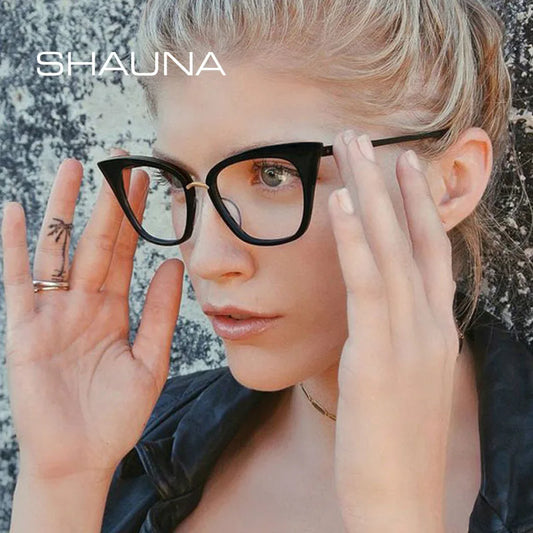 SHAUNA Classic Anti-Blue Light Women Cat Eye Eyeglasses Frames Fashion Rivets Optical Frames