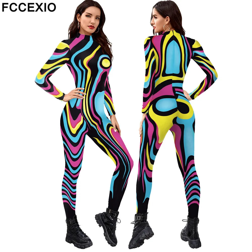 FCCEXIO Combinaison de fête de vacances multicolore pour femmes, nouvelle mode, combinaison sexy, costume de cosplay, combinaison catsuit