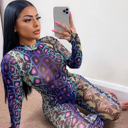 FCCEXIO Sexy Snake Print Jumpsuits Women 2021 Summer Bodycon Fitted Outfits Button Stretchy Coloful Rompers Long Sleeve