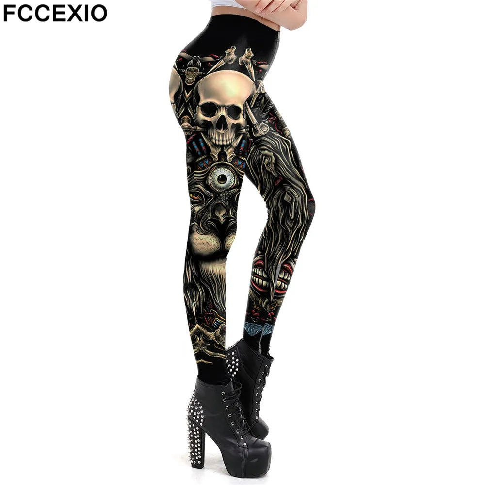 FCCEXIO Mode Schädel Neue Design Punk Frauen Legging Gothic Stil Lion Retro Vintage Steampunk Leggins Knöchel Hosen Cosplay Leggin