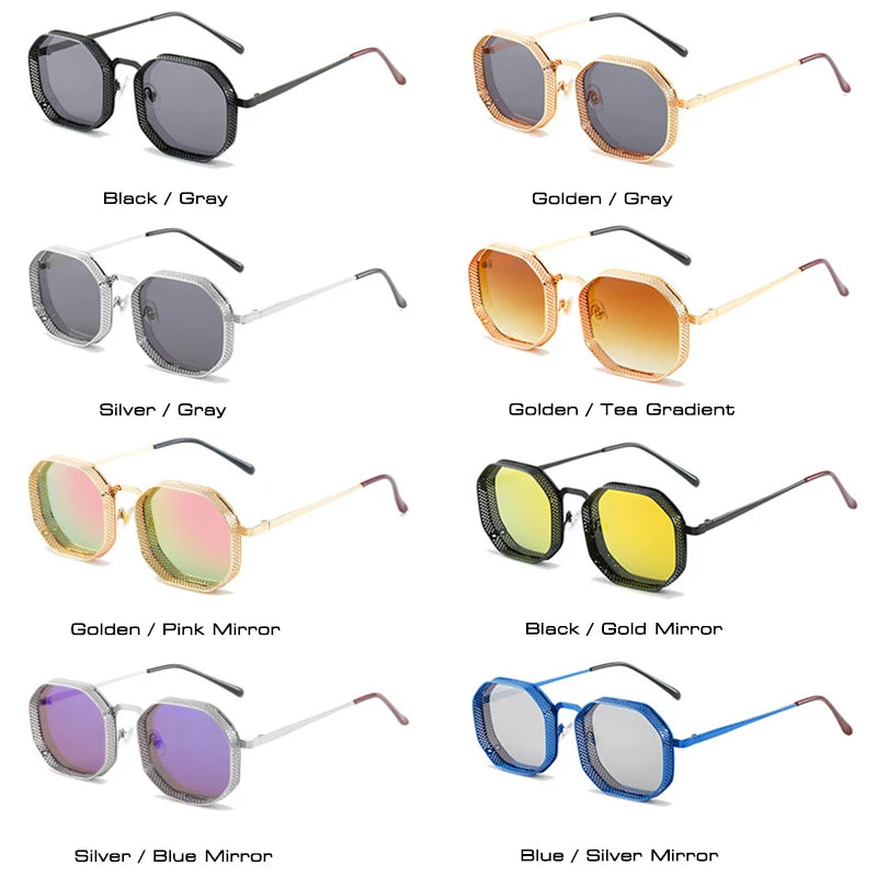 SHAUNA Retro Metal Steampunk Polygon Square Hollow Sunglasses Women Fashion Mirror Gradient Shades UV400 Men Punk Sun Glasses