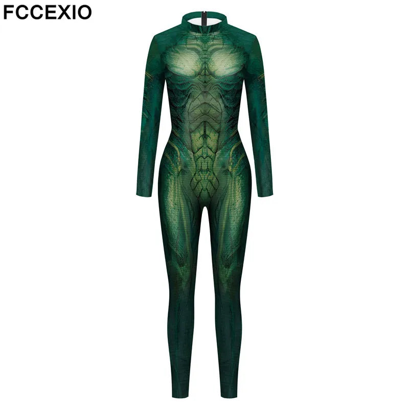 FCCEXIO Vert Alien Imprimé Fête De Vacances Body Sans Couture Femmes Mode Sexy Stretch Décontracté Vêtements Cosplay Costume Combinaison