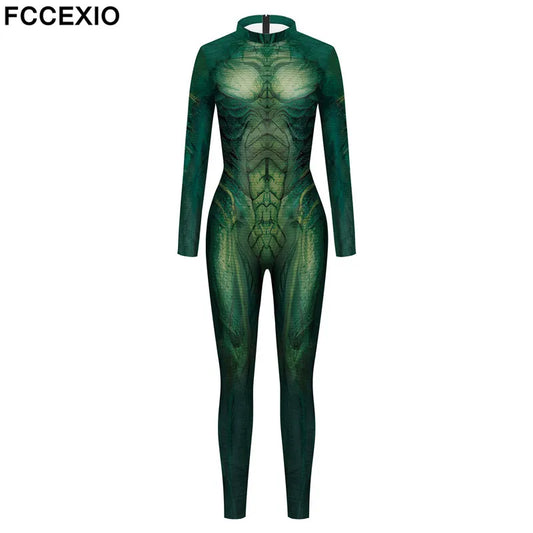 FCCEXIO Green Alien Print Holiday Party Seamless Bodysuit Women Fashion Sexy Stretch Casual Wear Cosplay Costume Jumpsuit