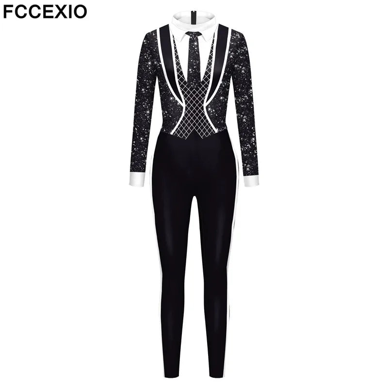 FCCEXIO Formal Pants Suit Black Printed Catsuit Cosplay Uniform Carnival Party Fake Lapel Tie Temperament Jumpsuit Dating Suit