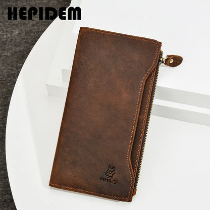 HEPIDEM RFID High Quality Crazy Horse Genuine Leather Slim Long Wallet 2020 New Pocket Money Dollar Bill Purse for Men 8168