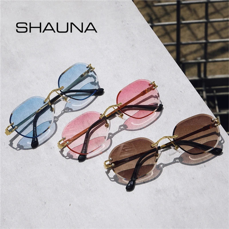 SHAUNA Retro Rimless Oval Sunglasses Women Fashion Clear Ocean Gradient Color Lens Eyewear Shades UV400 Men Trending Sun Glasses