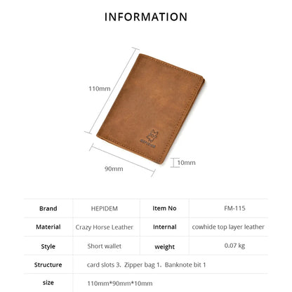 HEPIDEM RFID High Quality Crazy Horse Genuine Leather Slim Wallet 2020 New Front Pocket Money Dollar Short Purse for Men 115