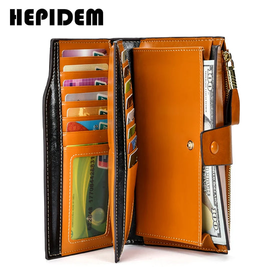 HEPIDEM RFID High Quality Genuine Leather Long Wallet 2020 New Female Front Pocket Money Dollar Bill Purse for Women 8236