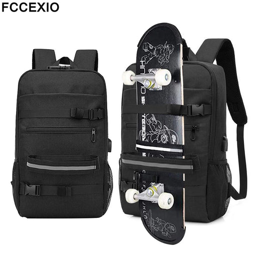 Sac à dos de skateboard FCCEXIO avec verrouillage par mot de passe antivol, sac à bandoulière de chargement USB, sac d'ordinateur de voyage de loisirs unisexe, sac de longboard