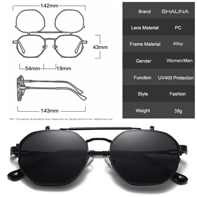 SHAUNA Retro Metal Punk Polygon Square Polarized Men Sunglasses Fashion Women Flip Clear Ocean Lens Sun Glasses Shades UV400