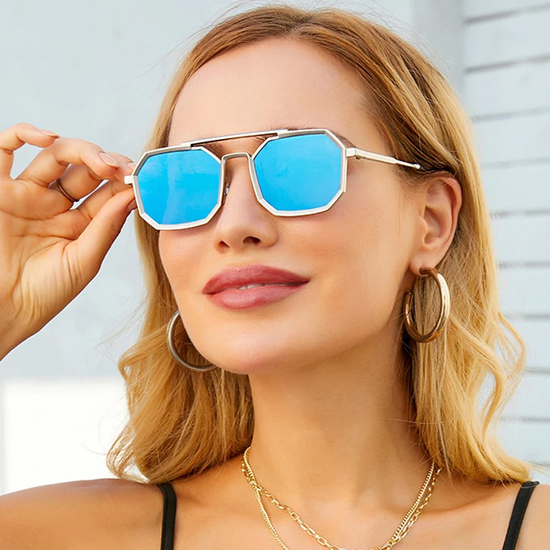 SHAUNA Retro Double Bridges Polygon Square Women Sunglasses Fashion Metal Frame Mirror Shades UV400 Men Punk Sun Glasses