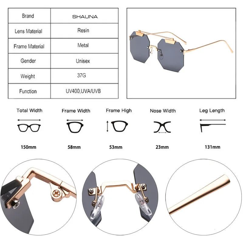 SHAUNA Oversize Women Square Rimless Sunglasses Fashion Men Clear Red Blue Pink Sun Glasses UV400