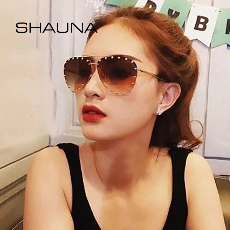 SHAUNA Retro Rivets Women Rimless Pilot Sunglasses Brand Designer Fashion Ladies Gradient Punk Style Glasses