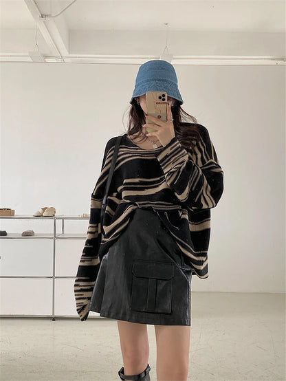 LMQ NEU Damen Punk Gothic Gestreifter Langarm Loose Patchwork Pullover Hip Hop Retro Oversize Pullover Lässige Strickpullover