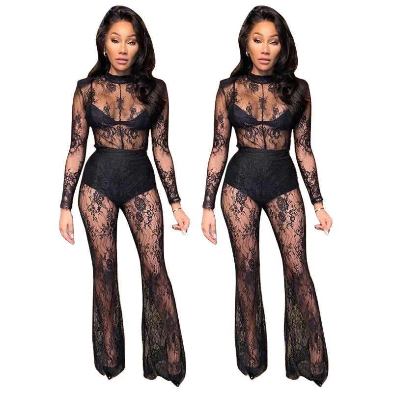 Summer Women Fashion Lace Hollow Out Bodysuit Pants Sets Slim Onesies Flare Pants Versatile Women's Chic Long Leggings