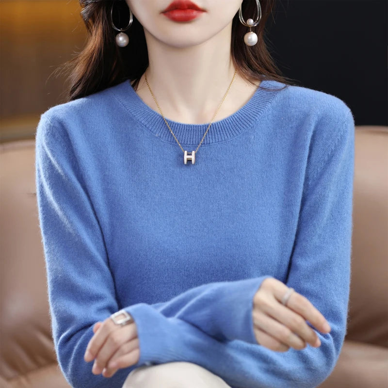 Women's 100% Pure Wool Cashmere Sweater O-Neck Pullover Knitted Casual Sweater Winter New  Long-Sleeved Warm High-Grade Jumper