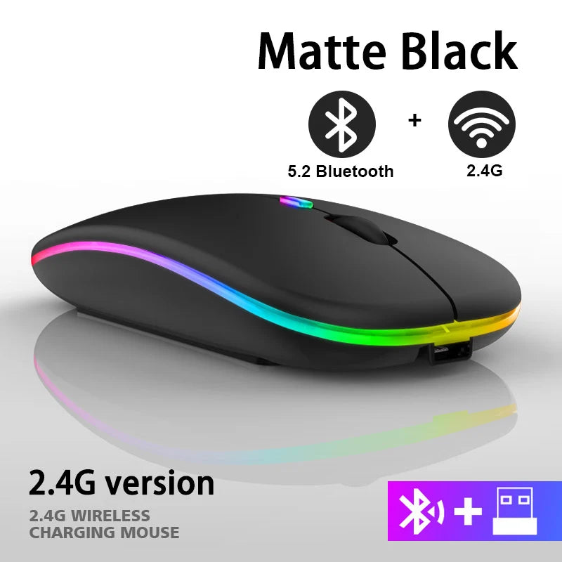 Souris sans fil 2,4 GHz RGB rechargeable Bluetooth sans fil pour ordinateur portable et PC