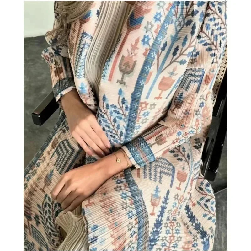 Miyake Plissé 2024 Nouveau Col Plissé Manches Longues Rétro Imprimé Robe Ceinture pour Femmes Dubaï Designer Original Mode Manteau Ample