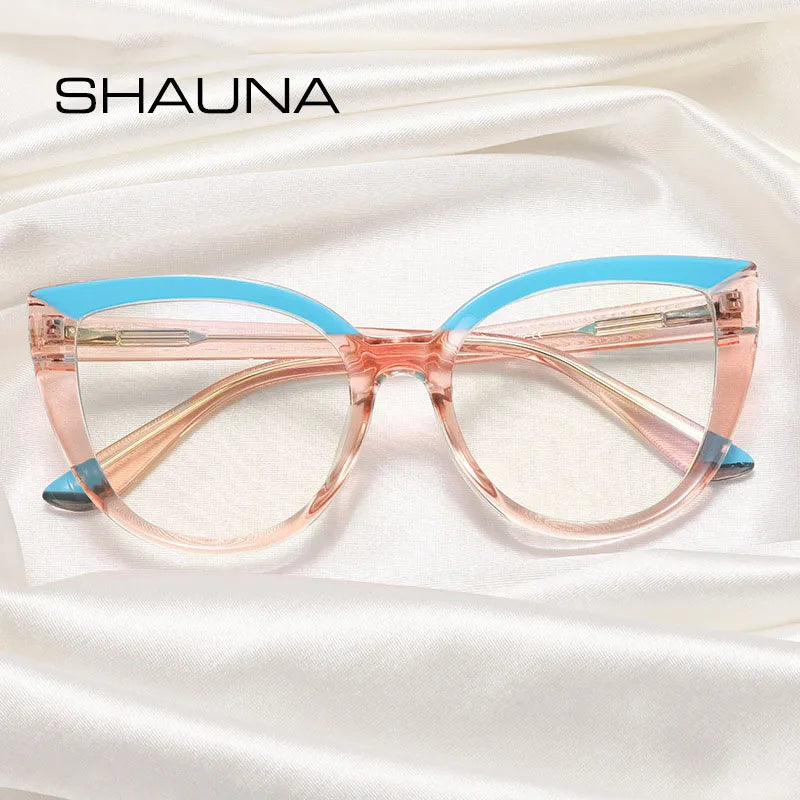 SHAUNA Fashion Cat Eye Spring Hinge Women Double Color Glasses Frame Retro Anti-blue Light Eyewear Men Optical Blue Green Frame