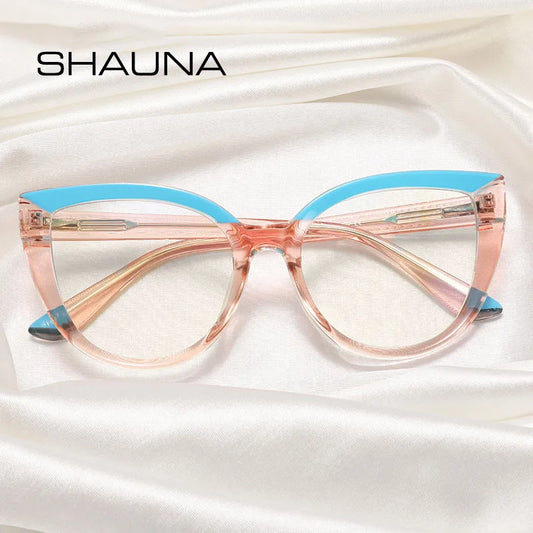 SHAUNA Fashion Cat Eye Spring Hinge Women Double Color Glasses Frame Retro Anti-blue Light Eyewear Men Optical Blue Green Frame