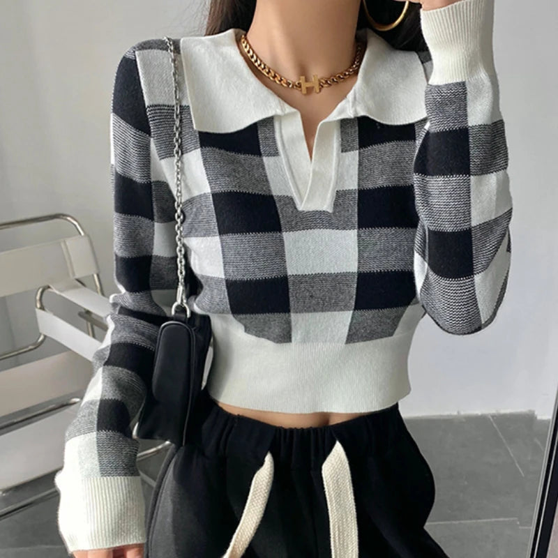 Automne Hiver Vintage Tricots Crop Tops Femmes Pulls Pulls Mode Femme À Manches Longues Élastique Décontracté Plaid Tricoté Chemises