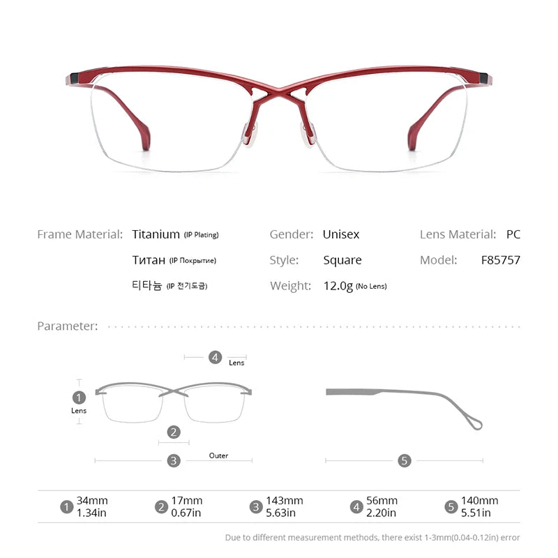 FONEX Titan Brillengestell Damen 2023 Neu Herren Halbrandlose Quadratische Brille Halbrahmen Brille F85757