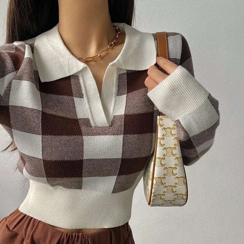 Automne Hiver Vintage Tricots Crop Tops Femmes Pulls Pulls Mode Femme À Manches Longues Élastique Décontracté Plaid Tricoté Chemises