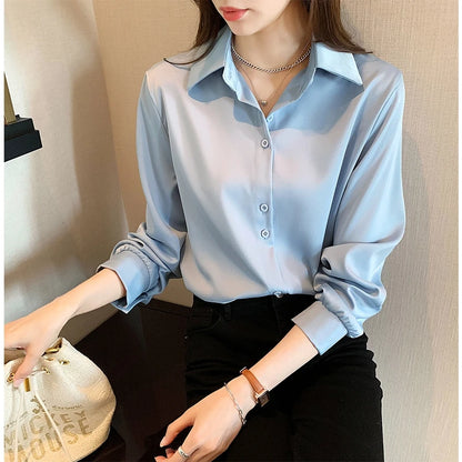 Spring Autumn Casual Chiffon Shirt Women Office Lady Shirts Fashion Female Long Sleeve Loose Solid Blouse Tops  S-4XL