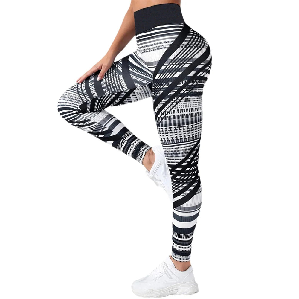 FCCEXIO Damen Sport-Leggings mit schwarzem Streifenmuster, hohe Taille, zum Laufen, sexy, eng anliegend, Fitness, Workout, Yoga, Fitnessstudio, Push-Up-Hose