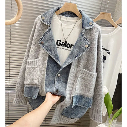 2023 Nouvelle Automne Hiver Femmes Épissage Denim Veste Femmes À Manches Longues Jean Vestes Femme Lâche Pull Cardigan Veste