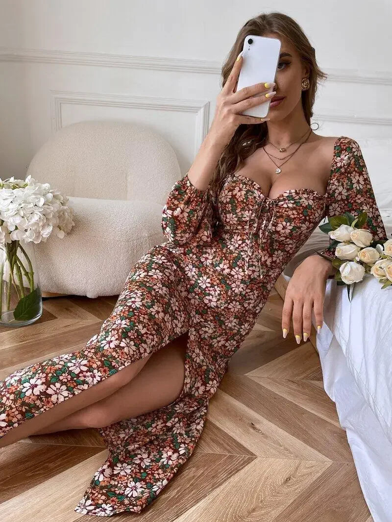 Allover Floral Sweetheart Neck Split Thigh Dress Summer Women Dress Backless Zipper Long Sleeve Beach Wear Dress