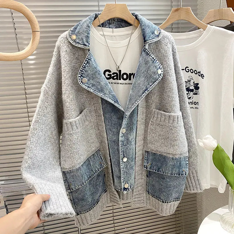 2023 Nouvelle Automne Hiver Femmes Épissage Denim Veste Femmes À Manches Longues Jean Vestes Femme Lâche Pull Cardigan Veste