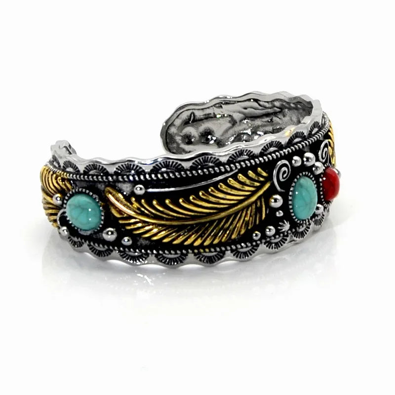 Bracelet en pierre naturelle ovale verte de style Navajo ethnique pour hommes, bracelet rétro en feuille bicolore, accessoires de bijoux de personnalité