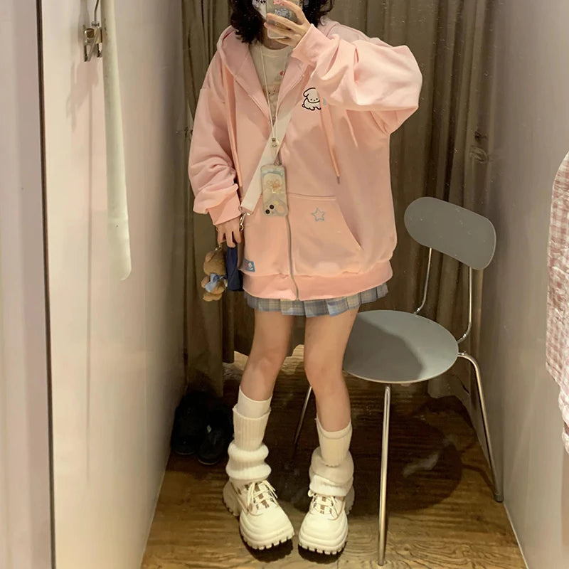 Harajuku Pink Kawaii Women Hoodies Sweet Cartoon Loose Zipper Female Sweatshirts Japanese Style New Ladies Hooded Jacket