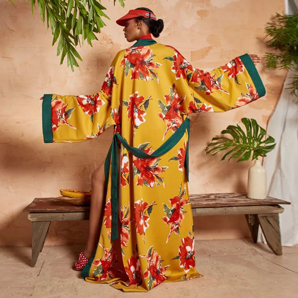 Robe kimono traditionnelle japonaise de nouveau style avec pyjama à fleurs à imprimé populaire Obi pour femmes, peignoir en soie de grande taille, robe Yukata