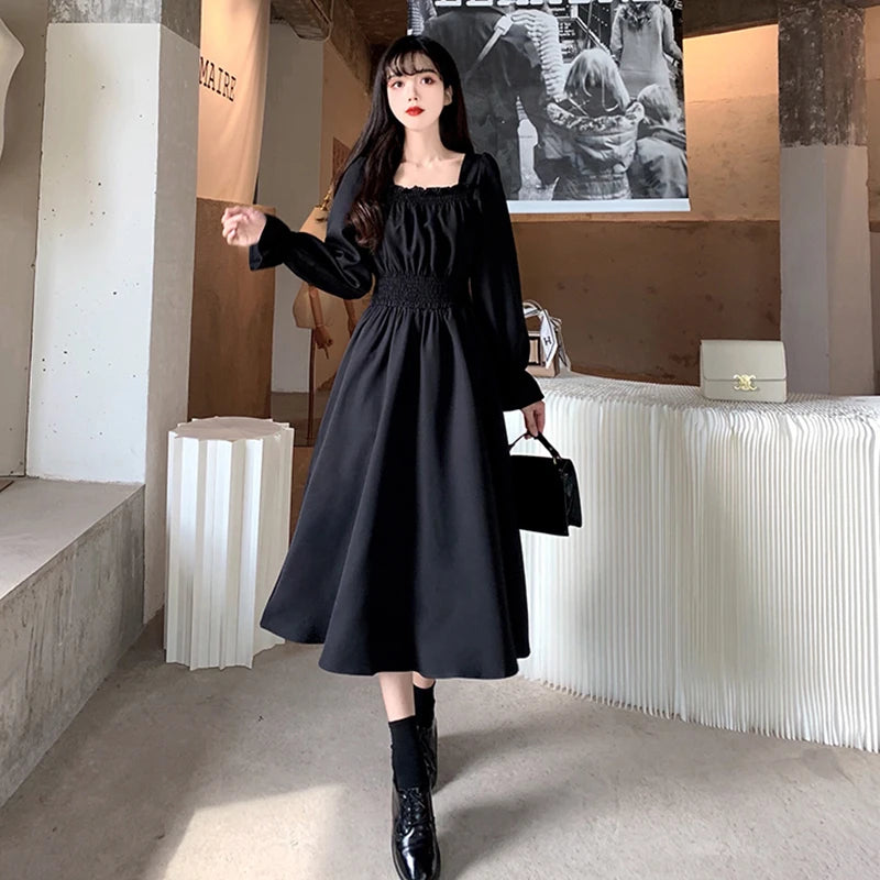 Women Black Folds Elegant Long Dress Retro Loose Sweet Square Collar Female Dress Spring Autumn All Match Casual Ladies Vestidos