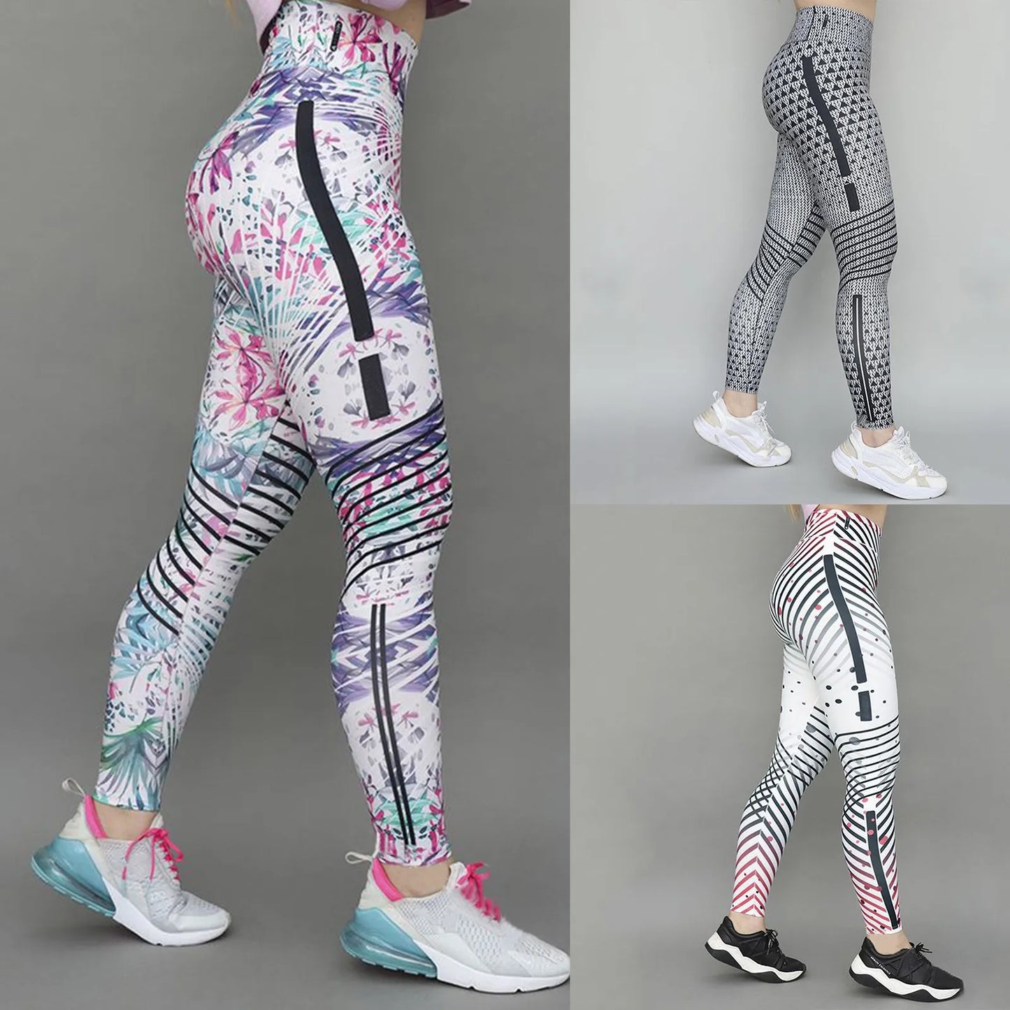 FCCEXIO New Seamless Leggings Sport Women Fitness Leisure Elastic Tight Yoga Running Floral Stripes Print Leggings Gym Pants