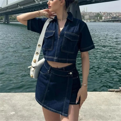 TRAF Blue Denim Shirt Frau Kurzarm Cropped Shirt Frauen Sommer Kurze Tops Frau Streetwear Y2k Stylische Damen Bluse