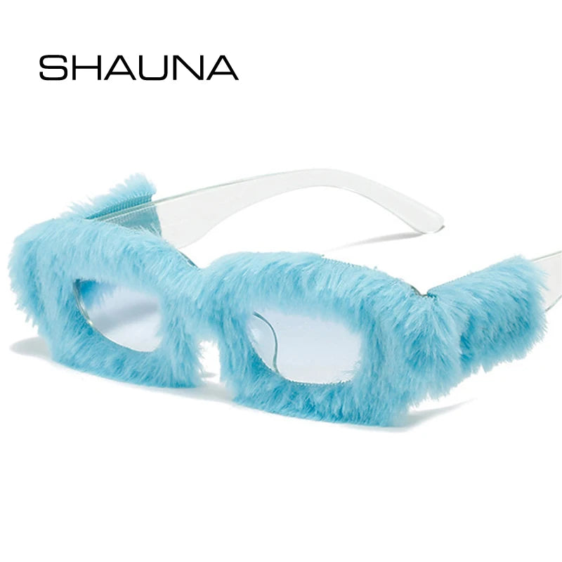 SHAUNA Retro Small Rectangle Sunglasses Women Fashion Blue Pink Soft Plush Decoration Trending Men Square Sun Glasses